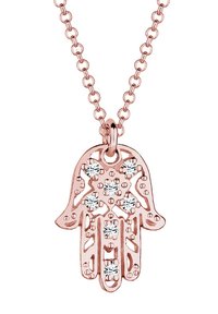 Halskette aus Roségold mit einem handförmigen Anhänger mit ausgeschnittenem Design und sechs klaren Edelsteinen in einer floralen Anordnung.