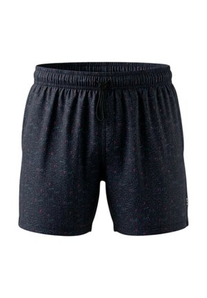 Bañador corto de hombre azul marino oscuro con cinturilla elástica, cordón negro y un sutil patrón completo de logotipo "EA7" en rojo y azul claro.