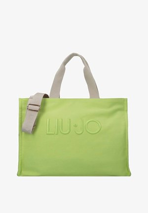 Lichtgroene rechthoekige tote bag met beige handvatten en afneembare schouderriem, met geëmbosteerd "LIU·JO" logo aan de voorkant.