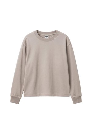 Langærmet beige sweatshirt med rund hals og ribstrikkede manchetter og krave, vist på hvid baggrund.