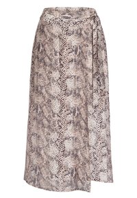 Midi skirt in lightweight fabric featuring a beige and brown snake print, with a wrap design and side tie detail. Flowy texture.