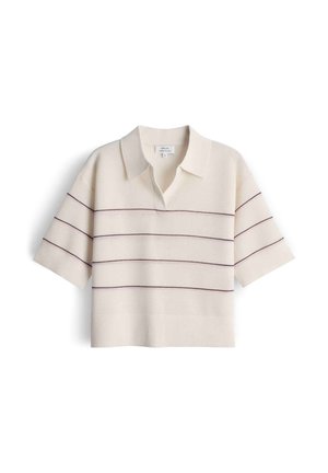 Korte mouwen crème poloshirt met een kraag en dunne horizontale donkere strepen over het lichaam en de mouwen, gemaakt van gebreide stof.