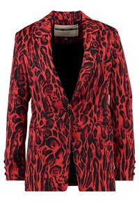 Punainen ja musta leopardikuosinen bleiseri, räätälöity malli, lovikaulus, kaksi etutaskua, yksinappinen suljenta, teksturoitu kangas, pitkät hihat.