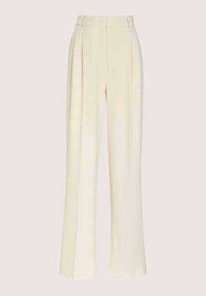 Beige Hosen mit weitem Bein aus leichtem Stoff, mit hoher Taille, vorderen Falten und einem klaren, maßgeschneiderten Design ohne sichtbare Verschlüsse.