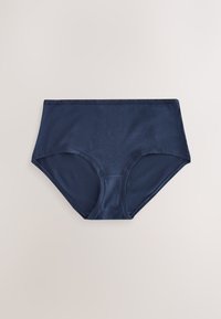 Culotte taille haute bleu marine en tissu lisse et extensible avec une ceinture douce ornée de texte répété en haut.