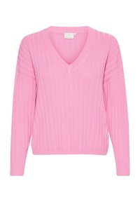 Pull en maille côtelée rose avec col en V, manches longues et coupe décontractée. Le tissu a une texture douce et un éclat subtil.