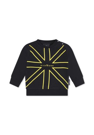 Sweatshirt noir avec des lignes graphiques jaunes en motif étoilé. Comprend des poignets et un ourlet côtelés, ainsi qu'un logo centré sur le devant.