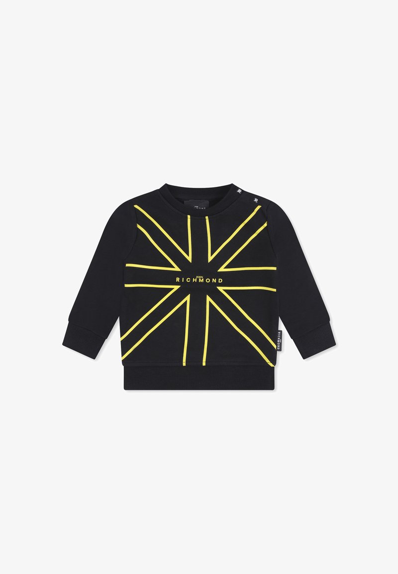 Sweatshirt noir avec des lignes graphiques jaunes en motif étoilé. Comprend des poignets et un ourlet côtelés, ainsi qu'un logo centré sur le devant.