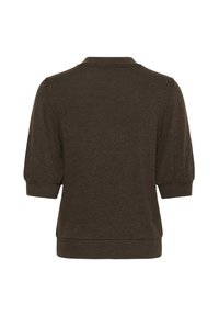Brown sweater with short, puffed sleeves and a ribbed collar. Features a soft texture and a relaxed fit, ending at the waist.