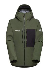 Veste imperméable verte avec poche poitrine noire, fermeture éclair à l'avant et capuche ajustable. Dotée de deux poches latérales zippées et d'un détail de logo.