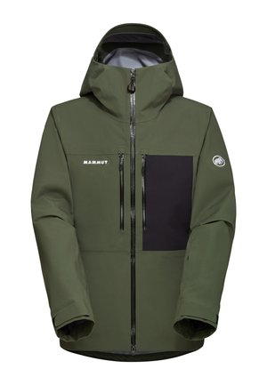 Grüne wasserdichte Jacke mit schwarzer Brusttasche, Frontreißverschluss und verstellbarem Kapuze. Verfügt über zwei seitliche Reißverschlusstaschen und Logo-Detail.