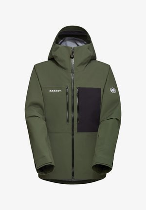 Grüne wasserdichte Jacke mit schwarzer Brusttasche, Frontreißverschluss und verstellbarem Kapuze. Verfügt über zwei seitliche Reißverschlusstaschen und Logo-Detail.