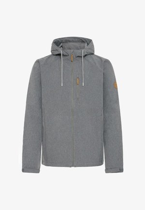 Gray hooded jacket with a textured fabric, front zipper, drawstrings, and leather accents on the chest and sleeve.