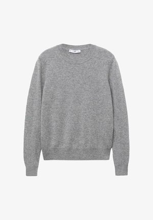 Pulover gri din lână cu decolteu rotund, mâneci lungi și manșete și tiv elastic. Textura pare moale și ușor texturată.