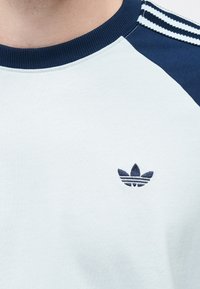 Ανοιχτό μπλε φούτερ με σκούρα μπλε μανίκια raglan. Διαθέτει μικρό σκούρο μπλε λογότυπο στο στήθος και ριμπ λαιμόκοψη με ριγέ λεπτομέρειες.