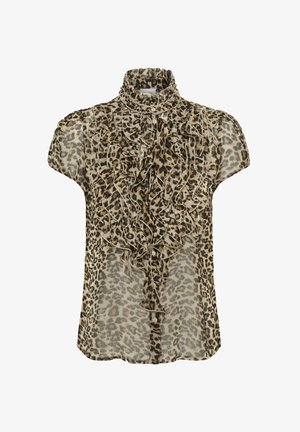 Bluza z leopardjim vzorom, kratek rokav, nabran sprednji del, visok ovratnik in z gumbom za zapenjanje. Prosojna tkanina z mehko teksturo.