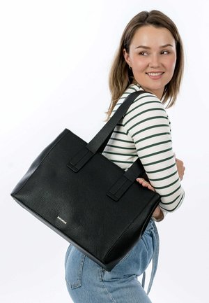 Black leather tote bag with textured surface, rectangular shape, dual top handles, and minimal hardware detail.