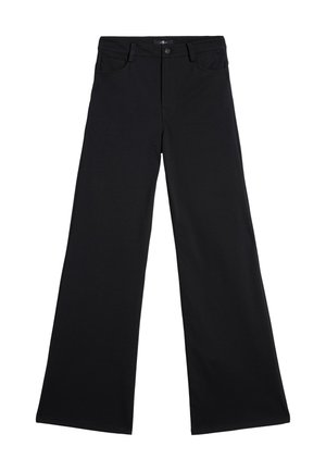 Pantalons larges noirs en tissu doux, avec une taille classique dotée de passants de ceinture, des poches avant et un ourlet propre.