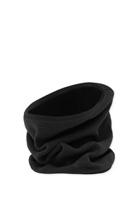 Black fleece neck gaiter with a soft texture, tubular shape, and an open top, featuring a contrasting black trim along the edge.