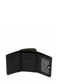 Czarny skórzany portfel z zamkiem błyskawicznym, wieloma przegródkami na karty oraz przezroczystym okienkiem na dowód tożsamości. Gładka faktura i minimalistyczny design.