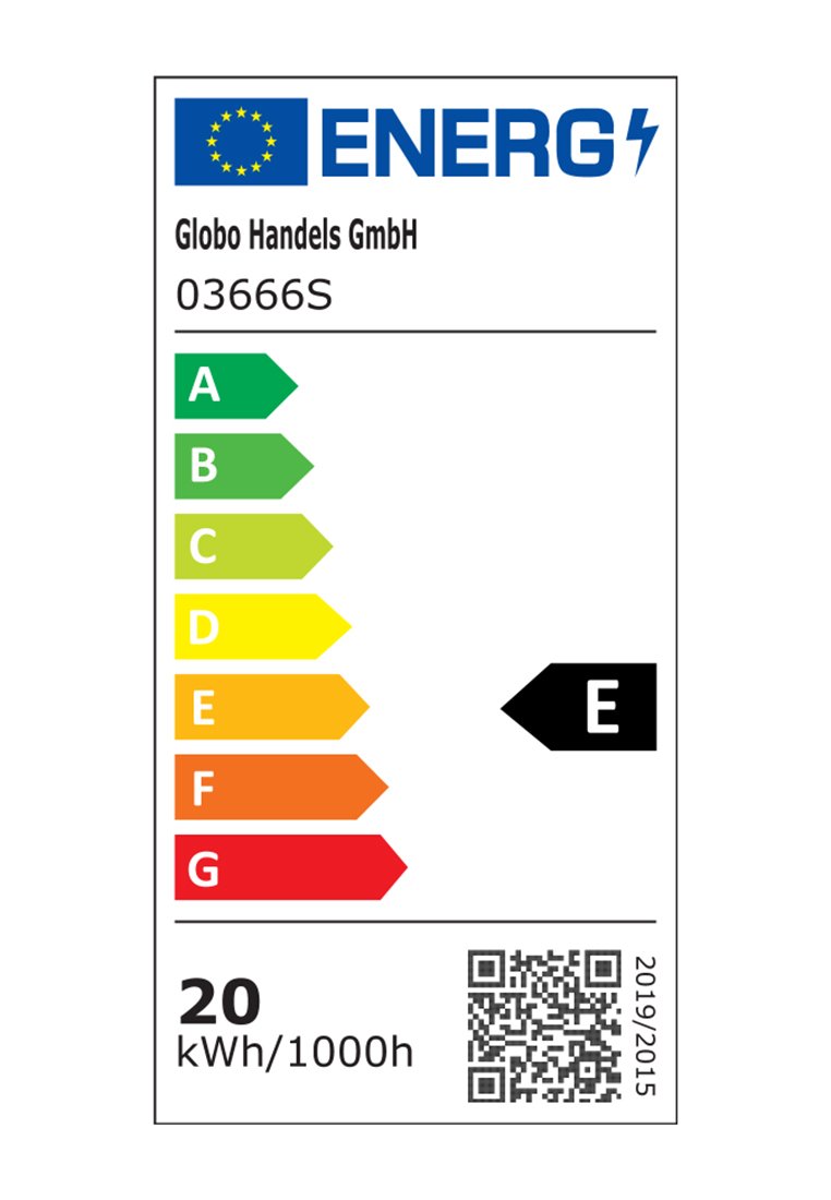 Energetický štítek pro produkt 03666S od Globo Handels GmbH, klasifikovaný jako E s energetickou spotřebou 20 kWh na 1000 hodin, barevná stupnice účinnosti od A do G.