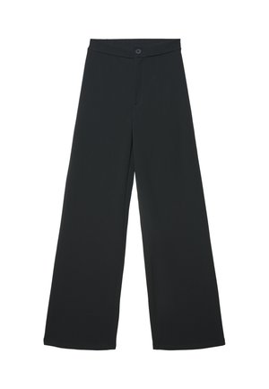 Pantaloni neri a gamba larga con chiusura a bottone e cerniera, vita alta e tessuto liscio.