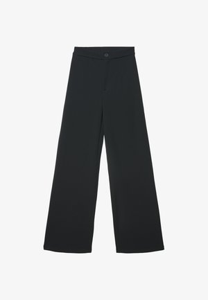Pantaloni neri a gamba larga con chiusura a bottone e cerniera, vita alta e tessuto liscio.