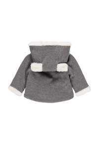 Grå fleecjacka med vit fuskpäls på kragen och ärmarna. Har en bakre stängning och en mjuk textur.
