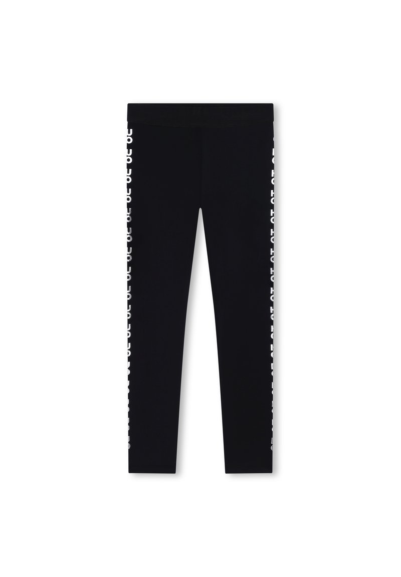Leggings noirs au toucher lisse, dotés d'inscriptions blanches de marque sur le côté extérieur et d'une taille élastique.
