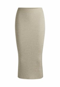 Jupe crayon tricotée enbeige avec une texture côtelée. Présente une silhouette ajustée et une taille élastique pour le confort et la facilité d'utilisation.