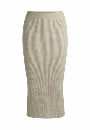 Stickad pennkjol i beige med ribbad textur. Har en figursydd silhuett och en elastisk midja för komfort och enkel användning.