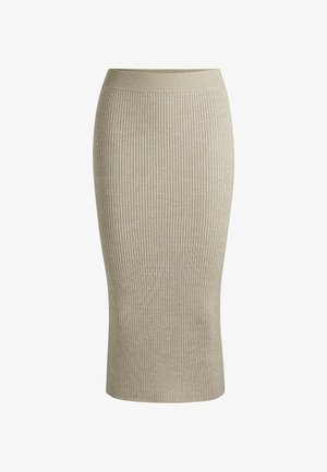 Strick- Bleistiftrock in Beige mit einer gerippten Textur. Verfügt über eine taillierte Silhouette und einen elastischen Bund für Komfort und einfache Trageweise.