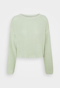 Vaaleanvihreä lyhennetty villapaita, jossa on resorikuvio, pyöreä pääntie ja pitkät hihat. Siinä on väljä istuvuus ja pehmeä kangas.