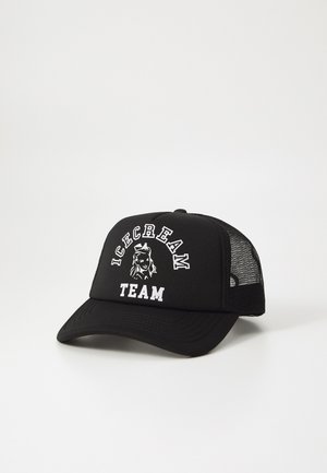 Black baseball cap with mesh sides, featuring a white graphic on the front that reads "ICECREAM TEAM" with an illustrated character.