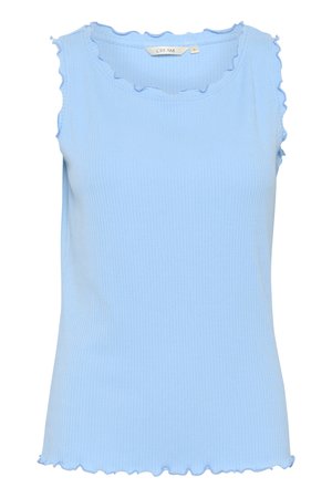 Haut sans manches bleu clair en tissu côtelé. Présente un col rond et des bords froncés au niveau des emmanchures et de l'ourlet. Design simple et ajusté.
