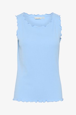 Light blue sleeveless top made of ribbed fabric. Features a round neckline and ruffled edges on armholes and hem. Simple, fitted design.