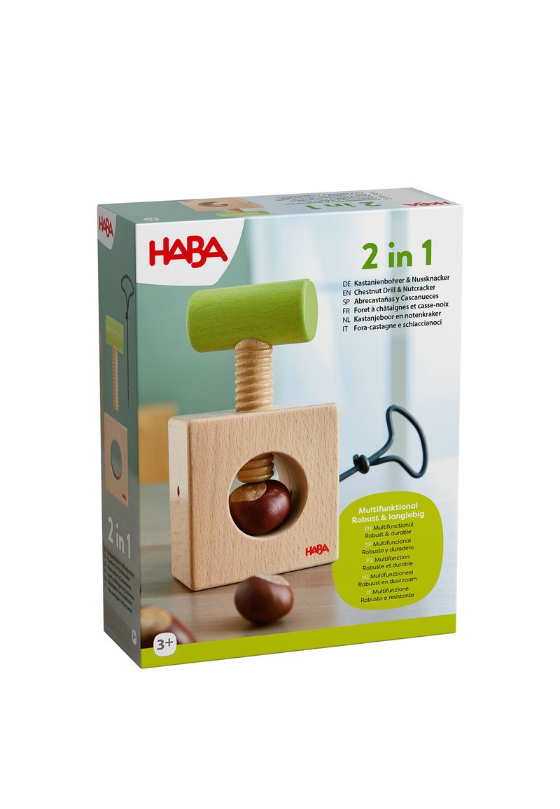 Wooden chestnut drill and nutcracker toy with green handle, chestnuts inside and around, packaging showing product details.