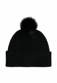 Sort strikket hue med et højt design, textureret stof og en fluffy pom-pom på toppen, samt en opslået kant for ekstra varme.