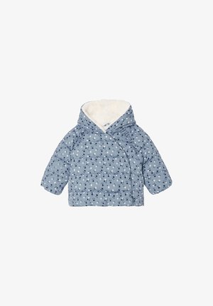 Padded blue jacket with cream faux fur lining, featuring a floral pattern in white and dark blue, cross-over front, and short sleeves.