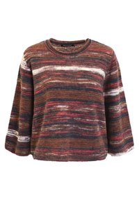 Stickad tröja med vida ärmar, med ett multicolorerat horisontellt randmönster i brunt, rött och krämfärgat. Rundad halsringning.