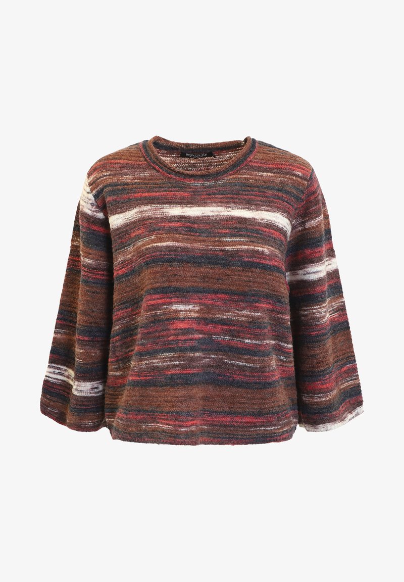 Stickad tröja med vida ärmar, med ett multicolorerat horisontellt randmönster i brunt, rött och krämfärgat. Rundad halsringning.