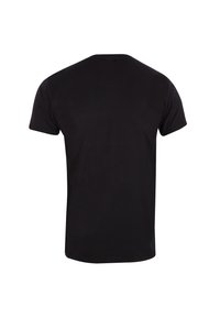 Schwarzes T-Shirt mit kurzen Ärmeln, Rundhalsausschnitt, aus glattem Stoff. Einfaches Design ohne Muster oder Akzente, mit geradem Saum.