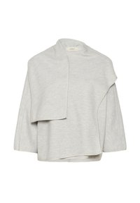 Világosszürke, kötött pulóver egyedi drapírozott dizájnnal. Hajlított, aszimmetrikus gallérral és széles ujjakkal rendelkezik, sima textúrájú.