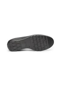 Sole di scarpa nera con battistrada a motivo, caratterizzata da scanalature rettangolari e sezioni testurizzate per il tacco e le dita.