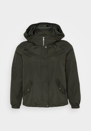 Mörkgrön huvad jacka med dragkedja fram, tryckknappar och två snedställda sidofickor; tillverkad av lättviktig, strukturerad tyg.