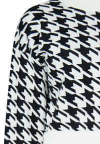 Maglione lavorato a maglia con un motivo a pied de poule in bianco e nero. Collo rotondo e polsini a coste. Tessuto morbido, vista ravvicinata del design.