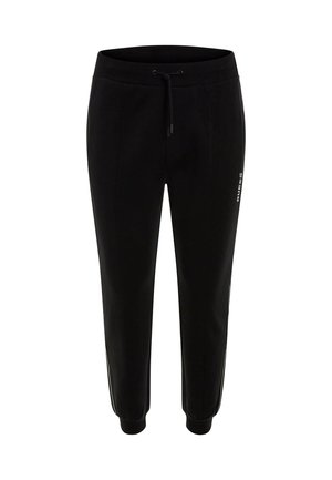 Joggers negros con cintura ajustable, piernas estrechas y rayas laterales. Fabricados en una tela suave con un diseño casual.