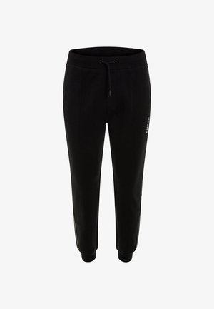 Joggers negros con cintura ajustable, piernas estrechas y rayas laterales. Fabricados en una tela suave con un diseño casual.