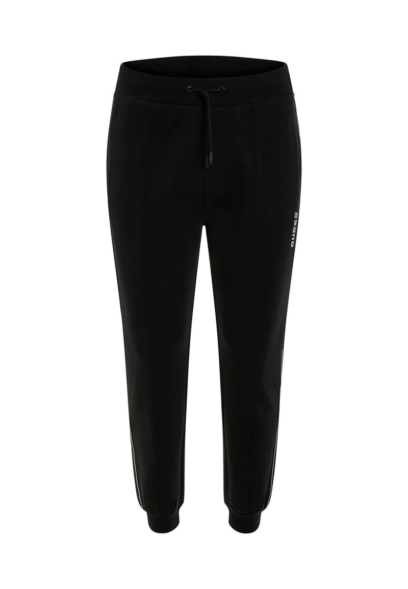 Joggers negros con cintura ajustable, piernas estrechas y rayas laterales. Fabricados en una tela suave con un diseño casual.
