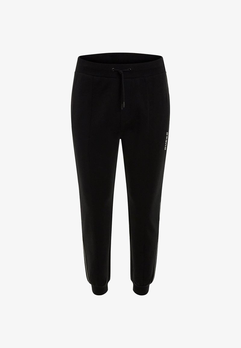 Joggers negros con cintura ajustable, piernas estrechas y rayas laterales. Fabricados en una tela suave con un diseño casual.